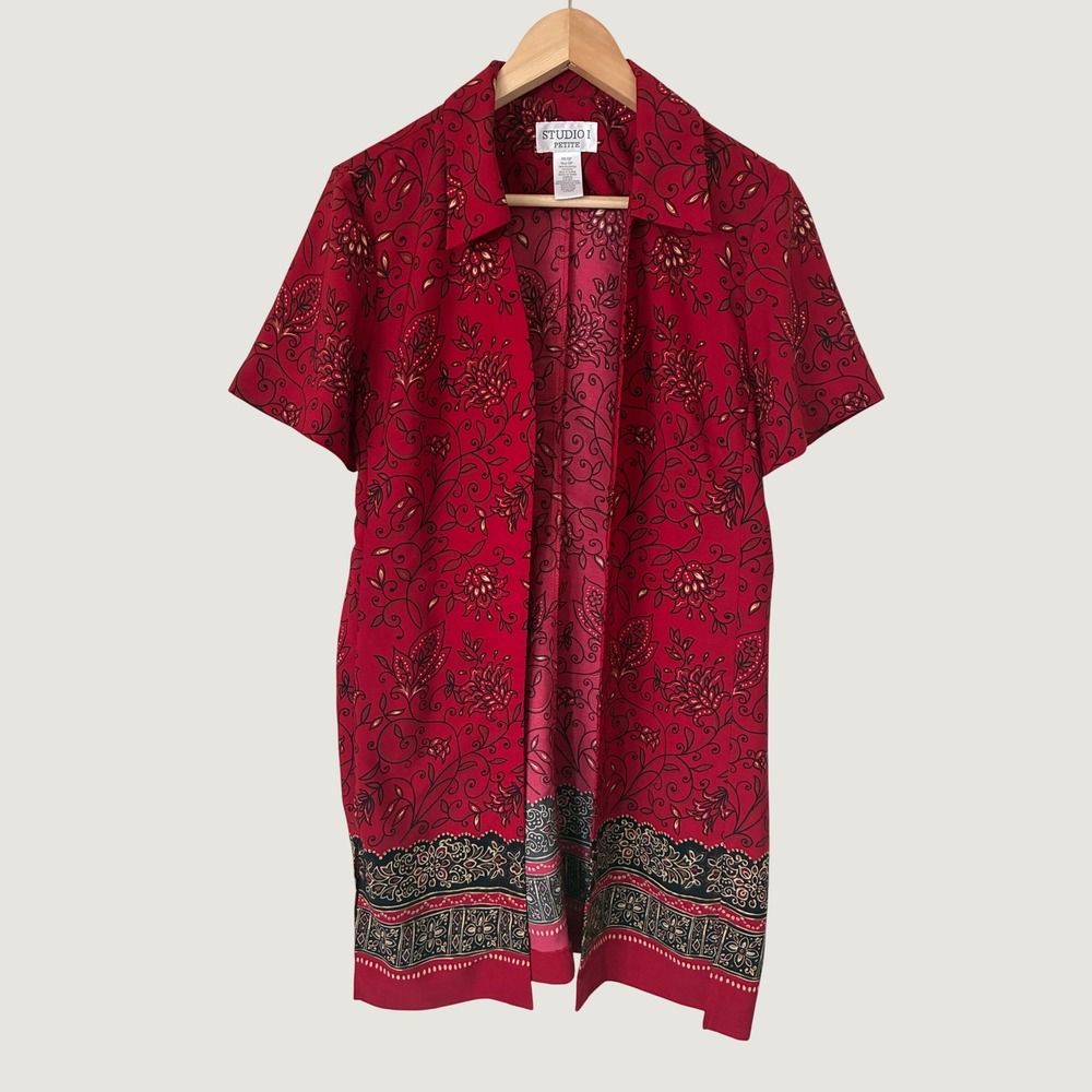Studio I Petite Red Floral Open Front Duster Cardigan Short Sleeve 12P Vintage